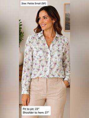 434 Ann Taylor Petite Floral Button Front Blouse White Pink Green Long Sleeve